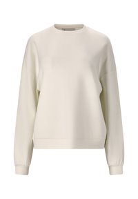 Hellbeige Sweatshirt mit Rundhalsausschnitt, überschnittenen Schultern, langen Ärmeln und gerippten Bündchen und Saum. Hergestellt aus glattem, weichem Material.