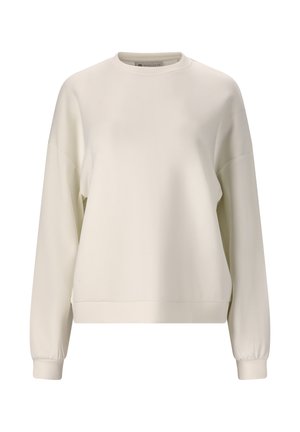 Light beige sweatshirt with a crew neck, dropped shoulders, long sleeves, and ribbed cuffs and hem. Made from smooth, soft fabric.