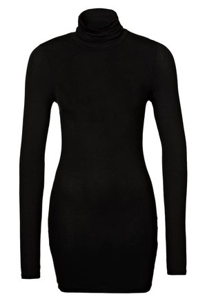 Black long-sleeve turtleneck top in a fitted design. Soft, stretchy fabric with a high, rolled collar and snug sleeves.