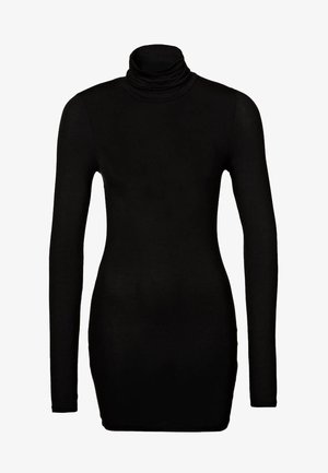 Musta pitkähiha turtleneck-toppi kiinnitettynä muotoon. Pehmeä, joustava kangas, jossa on korkea, käärmehatullinen kaulus ja tiukat hihat.
