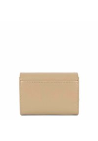 Beige leather wallet with a rectangular shape, smooth texture, and stitched detailing along the edges. No visible hardware.