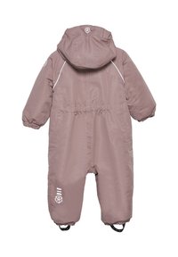 Rosa-brun vadderad enstycksdräkt med huva, elastisk midja, vita detaljer och ankle clips för säker passform. Slät ytterytan.