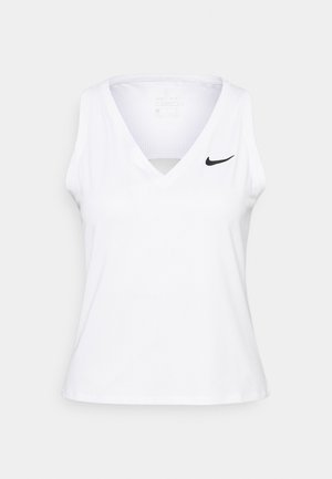 T-shirt de sport sans manches blanc avec un décolleté en V, un détail découpé et un logo Nike noir sur la poitrine gauche. Fabriqué en tissu respirant.