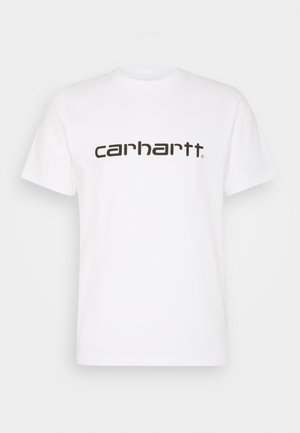 Tricou alb din bumbac, cu mâneci scurte și guler rotund. Prezintă un logo mare "carhartt" de culoare maro închis, pe piept.