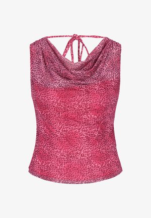 Lyserød ærmeløs top med cowl-hals, mørk pink leopardprint og tynde stropper, der bindes ved nakken bagpå.