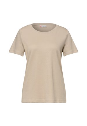 Beige kortærmet rundhalset dame-T-shirt med enkelt design og Street One-mærke inde i kraven.