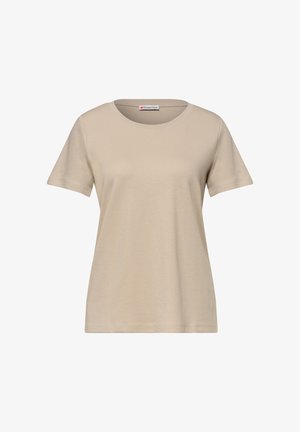Béžové dámské tričko s krátkým rukávem a kulatým výstřihem s jednoduchým designem a značkou Street One uvnitř límce.