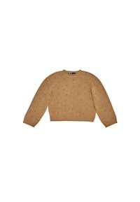 Suéter marrón de punto con cuello redondo, con patrones de puntos en azul marino espaciados uniformemente. Mangas largas y un diseño corto. Textura suave.