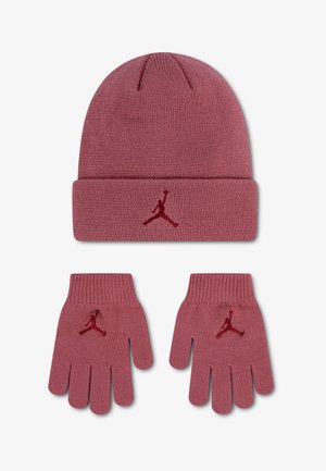 Bijpassende mauve gebreide muts en handschoenenset, elk met een geborduurd Jumpman-basketballogo aan de voorkant.