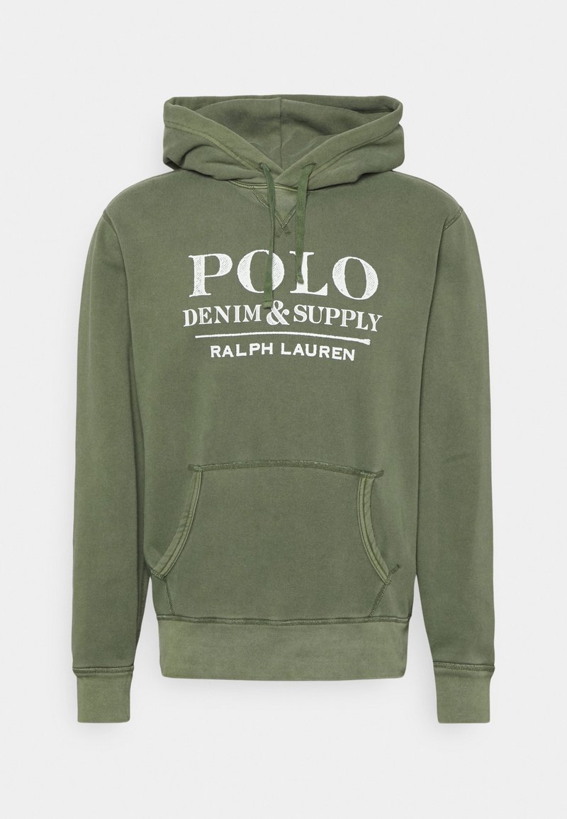 Sweat à capuche vert avec poche avant et texte blanc "POLO Denim & Supply Ralph Lauren" sur la poitrine.