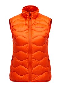 Mouwloze oranje puffer vest met een hoge kraag, voorzien van een zigzag-gequilt ontwerp, een rits aan de voorkant en zijzakken.