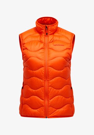Gilet imbottito arancione senza maniche con colletto alto, caratterizzato da un design a zigzag trapuntato, chiusura con zip frontale e tasche laterali.