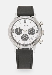 Silver-toned stainless steel watch with a white dial, black chronograph sub-dials, and a black leather strap. Features date display and tachymeter.