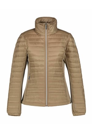 Beige doorgestikte jas met hoge kraag, volledige ritssluiting aan de voorkant, zijritszakken en elastische manchetten aan de lange mouwen.