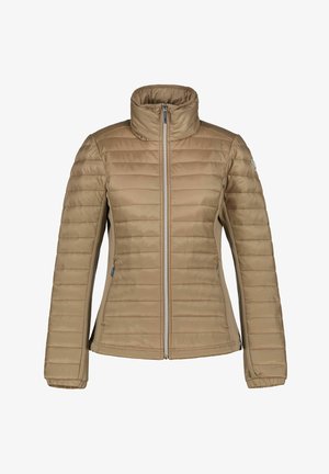 Beige doorgestikte jas met hoge kraag, volledige ritssluiting aan de voorkant, zijritszakken en elastische manchetten aan de lange mouwen.