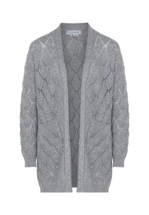 Lichtgrijze gebreide cardigan met een open voorkant, voorzien van een bladdessin, textuurstof en twee voorzakken.