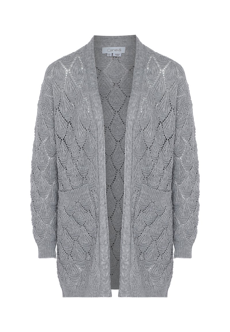 Cardigan tricotat de culoare gri deschis, cu un decolteu deschis, având un model cu frunze, țesătură texturată și două buzunare frontale.