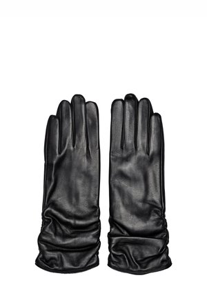 Guantes de cuero negro con una textura suave, cuentan con un puño enrollado en la muñeca y cinco espacios para los dedos para un ajuste ceñido.