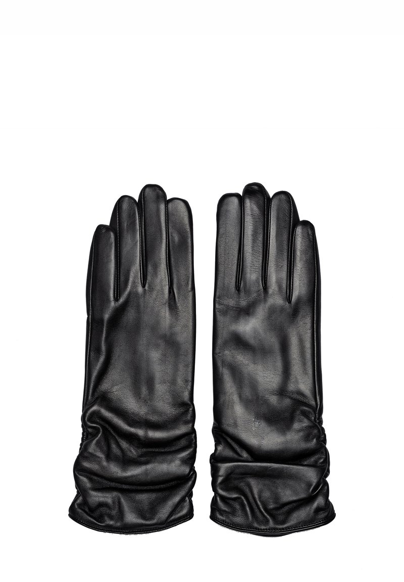 Mustat nahkahansikkaat, joissa on sileä pinta, varustettu rullattulla hihalla ranteessa ja viidellä sormireiällä tiukkaa istuvuutta varten.