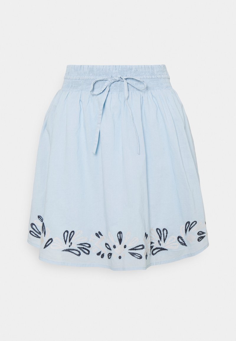 Ljusblå bomullskjol med elastisk midja och dragsko. Utrustad med broderade blommönster i marinblått och krämfärgad vid kanten.