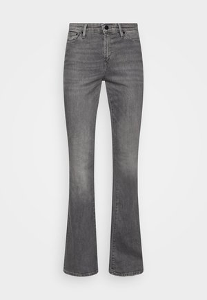 Gray flared jeans made from denim, featuring a classic five-pocket design, slight fading, and a button closure at the waist.