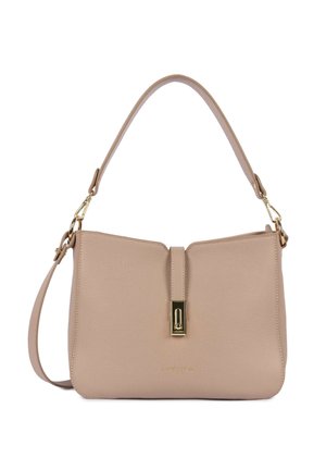 Sac à main en cuir beige avec une poignée supérieure, une bandoulière détachable et une fermeture à boucle dorée au centre avant.