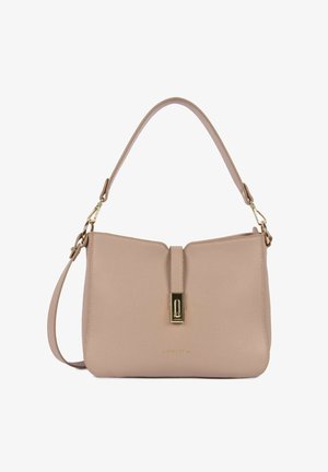 Sac à main en cuir beige avec une poignée supérieure, une bandoulière détachable et une fermeture à boucle dorée au centre avant.