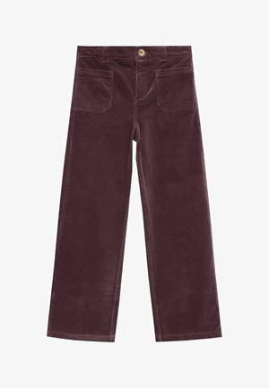 Pantalones de pana de pierna recta en burdeos oscuro con bolsillos delanteros de parche, trabillas para el cinturón y cierre de botón.