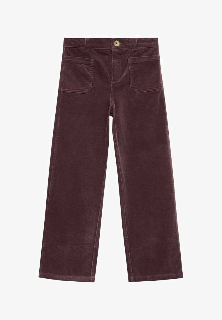Pantalon en velours côtelé à jambes droites de couleur bordeaux foncé, avec poches plaquées devant, passants pour ceinture et fermeture par bouton.