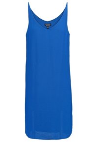 Vestido azul sin mangas con escote en V, confeccionado en una tela ligera y con una silueta recta, que ofrece un aspecto suave y minimalista.