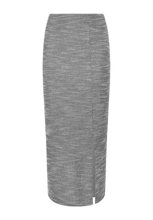Grauer Rippstrick-Bleistiftrock mit vorderem Schlitz, mittlerer Länge und figurbetonter Silhouette.