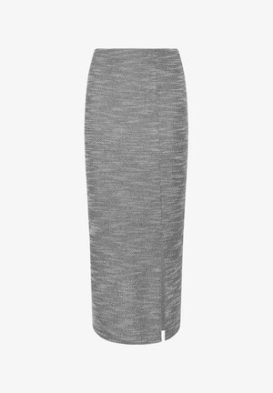 Grauer Rippstrick-Bleistiftrock mit vorderem Schlitz, mittlerer Länge und figurbetonter Silhouette.