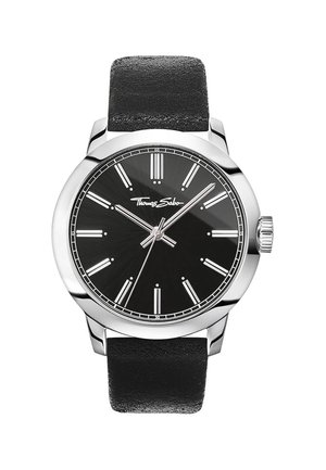 Black watch with a silver stainless steel case, a black textured leather strap, and a black dial featuring silver hour markers and hands.