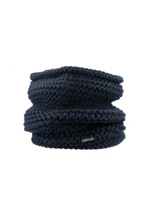 Grober gestrickter, marineblauer Halswärmer mit gefaltetem Design und kleinem rechteckigem Metall-Brandetikett.