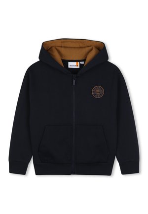 Sweat à capuche zippé noir avec doublure marron dans la capuche, poches avant et écusson rond du logo Timberland sur la poitrine gauche.