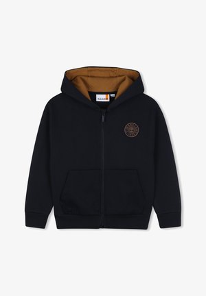 Sweat à capuche zippé noir avec doublure marron dans la capuche, poches avant et écusson rond du logo Timberland sur la poitrine gauche.