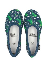 Kinderschuhe im Slip-On-Stil aus navyfarbenem Stoff mit grünen Dinosaurier- und Skelett-Mustern. Weiche Innenauskleidung und flexible Gummisohlen.