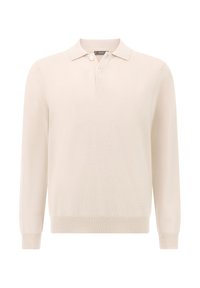 Helle cremefarbene Langarm-Poloshirt aus weichem Material, mit Kragen, Drei-Knopf-Leiste und gerippten Bündchen.
