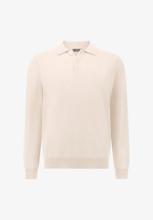 Polo a maniche lunghe color crema realizzato in materiale morbido, con colletto, pattina con tre bottoni e polsini a costine.