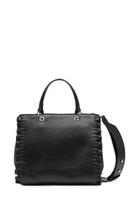 Borsa a tracolla in pelle nera con lati arricciati, due manici corti e una tracolla removibile. Presenta accessori in metallo e una superficie liscia.