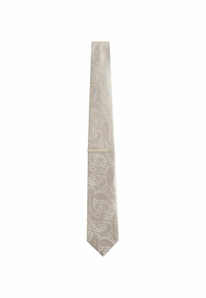 Helle beigefarbene Krawatte mit einem dezenten Paisley-Muster, gefertigt aus glattem Stoff; verfügt über ein spitzes Ende und eine schmale Breite.