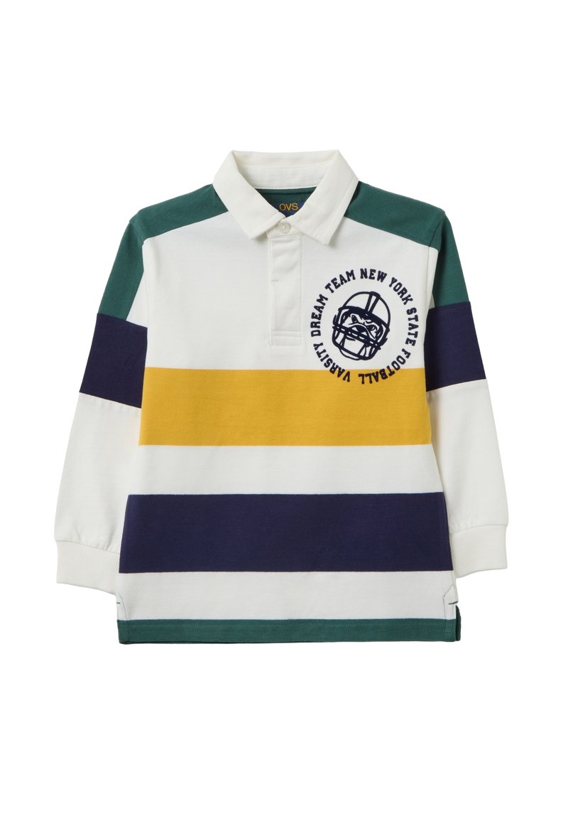 Poloshirt met lange mouwen in groen, wit, geel en marineblauw met horizontale strepen. Voorzien van een kraag en een bedrukt voetbalafbeelding op de borst.