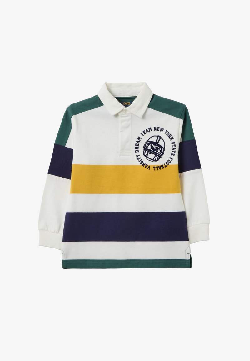 Poloshirt met lange mouwen in groen, wit, geel en marineblauw met horizontale strepen. Voorzien van een kraag en een bedrukt voetbalafbeelding op de borst.