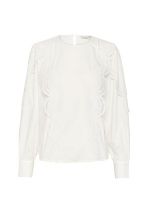 Biela blúzka s dlhými rukávmi, volánikmi pozdĺž predného dielu, zapínaním na kľúčovú dierku na chrbte a elastickým lemom pre struktúrované sedenie.