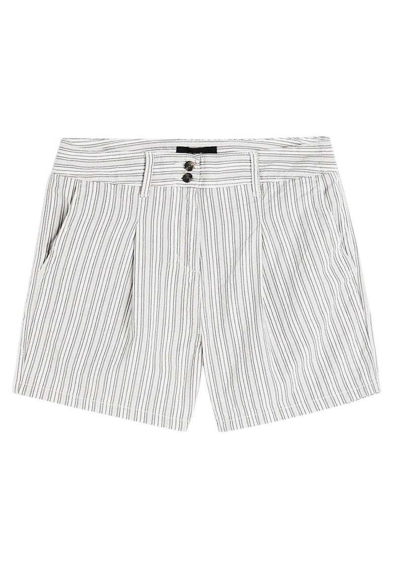 Shorts blancs avec de fines rayures verticales noires et grises, plis à l'avant, poches latérales et fermeture à double bouton à la taille.