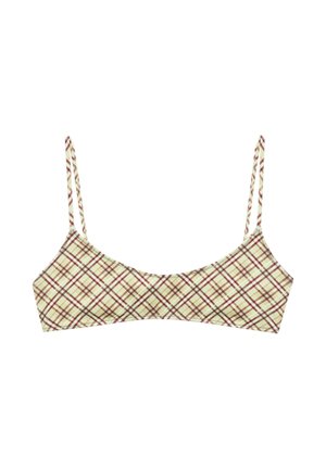 Haut de bikini à carreaux beige et marron avec des fines bretelles et une coupe simple rectangulaire.