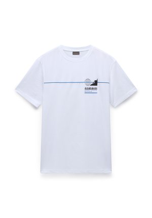 White cotton t-shirt featuring a graphic design with a globe and mountain, blue horizontal line, and logo in black and blue accents.