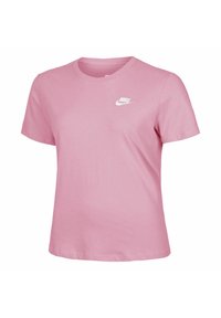 T-shirt di cotone rosa con collo rotondo e maniche corte. Presenta un logo Nike bianco sul lato sinistro del petto. Texture liscia, vestibilità classica.