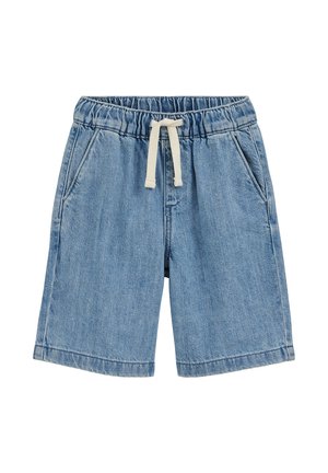 Šviesiai mėlyni džinsiniai šortai su elastinga juosmens juosta ir baltu raišteliu, turi šonines kišenes ir laisvą siluetą.