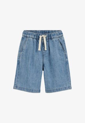 Lichtblauwe denimshorts met elastische tailleband en witte trekkoord, voorzien van zijzakken en een comfortabele pasvorm.